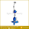 316L Surgical Steel Butterfly Clear Pink Aqua Blue Cubic Zirconia Dangle Belly Ring